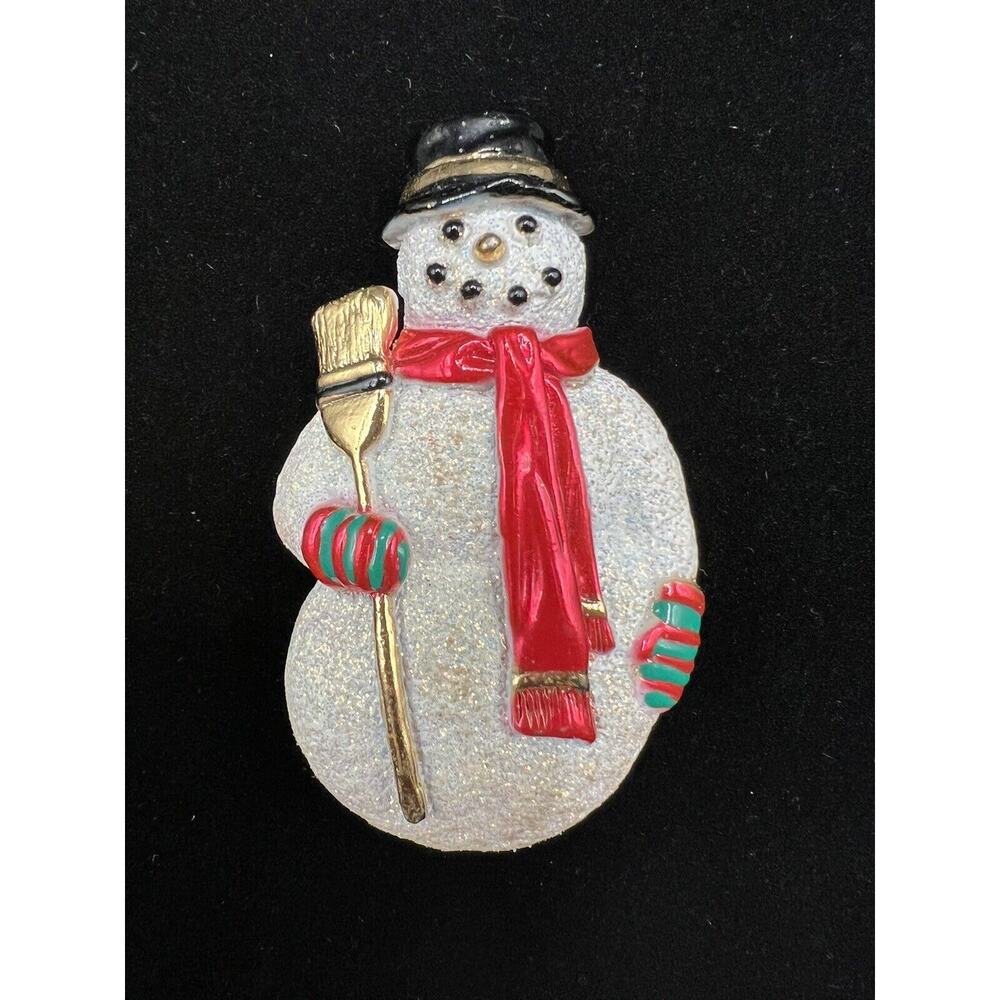 VTG Signed AJC Sparkly Enamel Christmas Holiday Snowman Gold Plated Brooch Pin